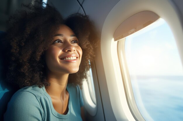 Photo femme souriante près de la fenêtre de l'avion