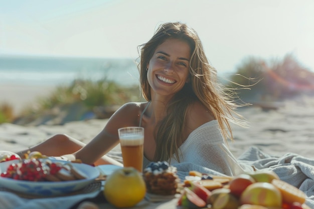 Une femme souriante profitant d'un pique-nique au bord de la plage avec fre