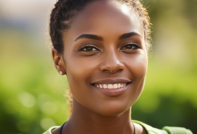 Une femme souriante profite d'un moment dans la nature son bonheur accentué par l'environnement extérieur