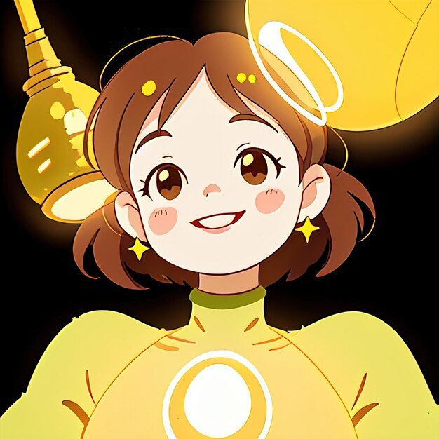 Une femme souriante qui brille d'énergie positive et de créativité. Illustration de style anime simple et mignonne.