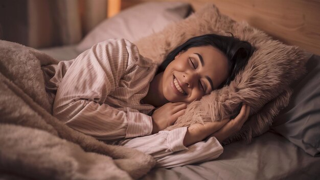 Une femme souriante qui dort paisiblement.