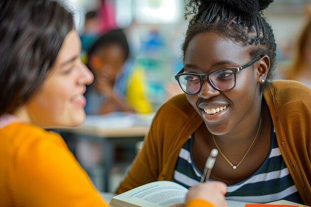 Photo une femme souriante qui lit un livre