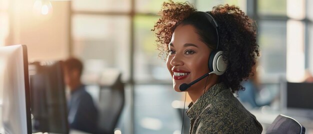 Photo une femme souriante qui parle aux clients dans un centre d'appels.