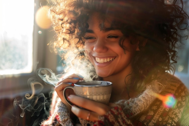 Une femme souriante, un rafraîchissement