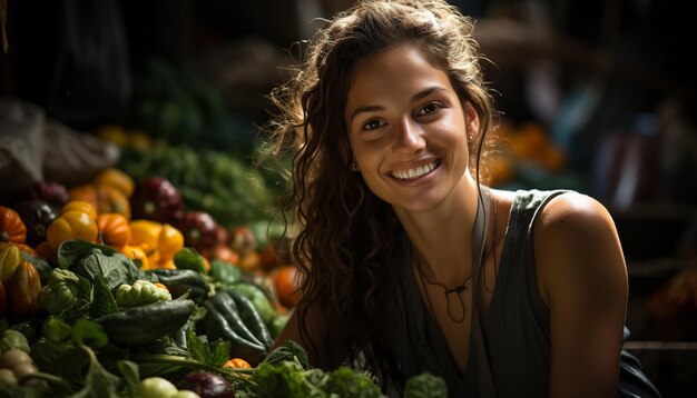 Photo une femme souriante regardant la caméra achetant des légumes frais générés par l'ia