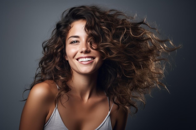 Une femme souriante et regardant la caméra.