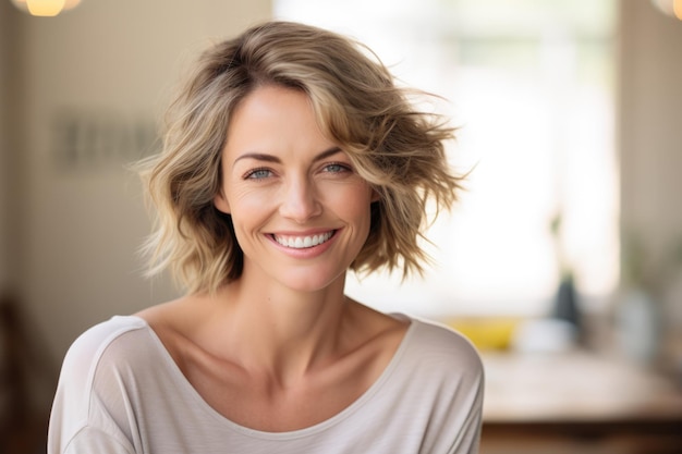 Une femme souriante et regardant la caméra.