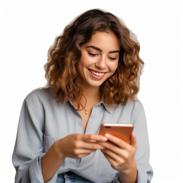 Une femme souriante regardant son téléphone sans arrière-plan