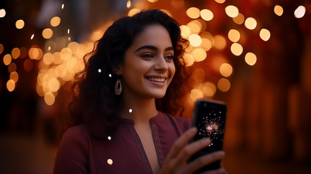 Femme souriante et regardant le téléphone portable Diwali