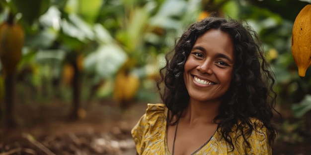 Une femme souriante en robe jaune debout dans une bananière