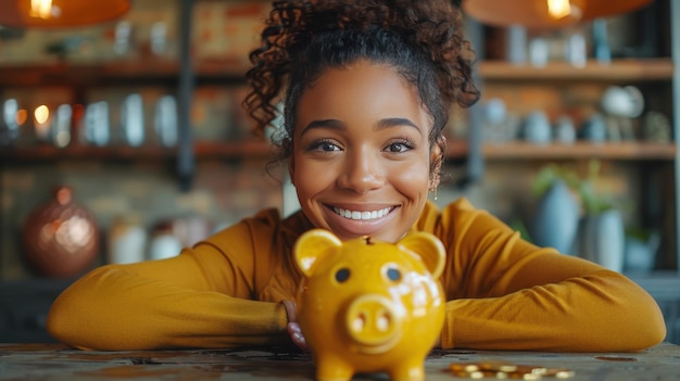 Photo une femme souriante s'appuyant sur une tirelire