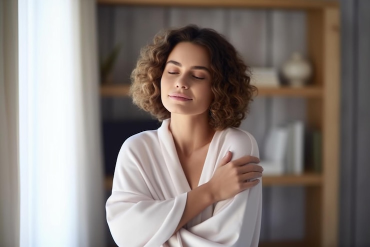 Photo une femme souriante s'embrassant à la maison l'espace de copie le concept de l'amour-propre