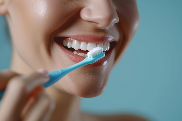 Une femme souriante se nettoie les dents pour le soin de la bouche