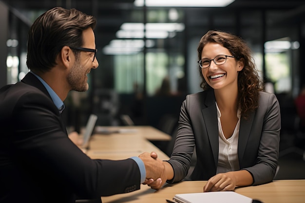 une femme souriante serrant la main d'un homme en costume d'affaires au bureau