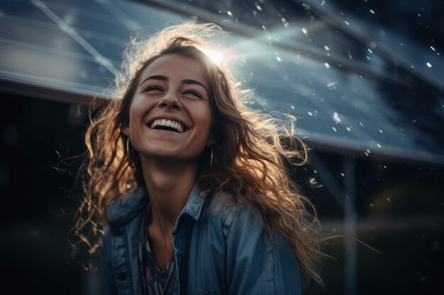 Une femme souriante avec ses cheveux au vent
