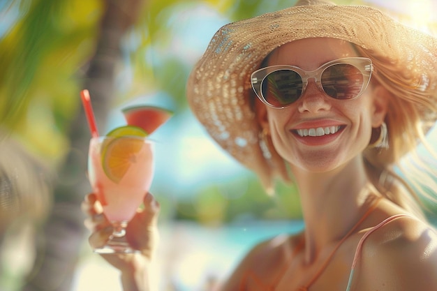 Une femme souriante en sirotant un cocktail tropical