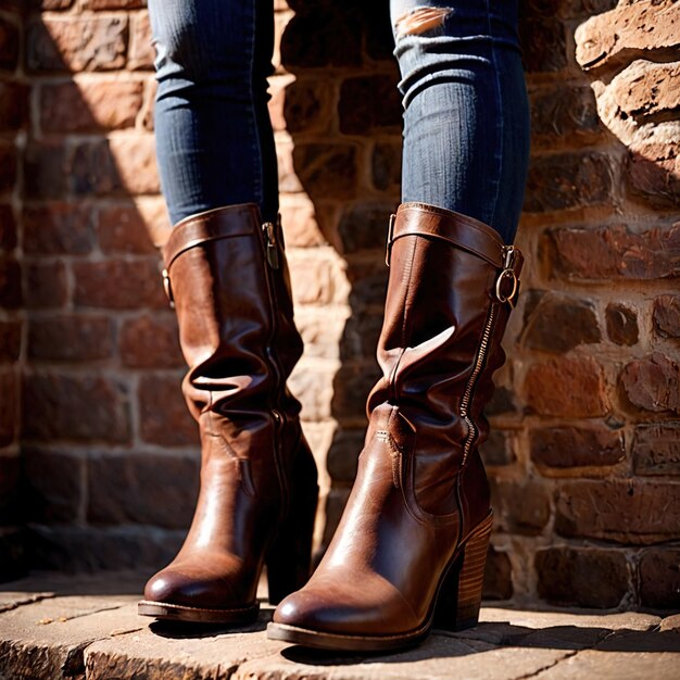 Photo une femme souriante et sympathique portant des bottes, un article de mode.