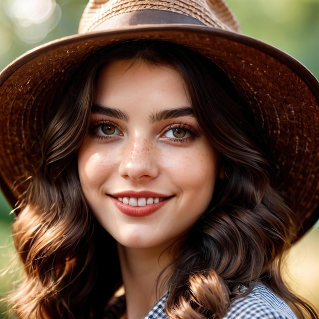 Une femme souriante et sympathique portant un chapeau rétro vintage.