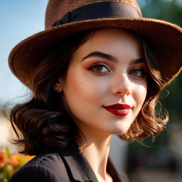 Une femme souriante et sympathique portant un chapeau rétro vintage.