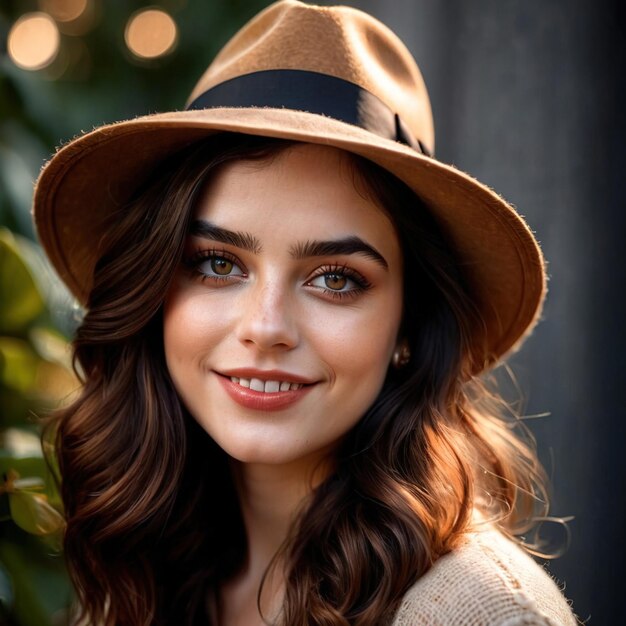 Une femme souriante et sympathique portant un chapeau rétro vintage.