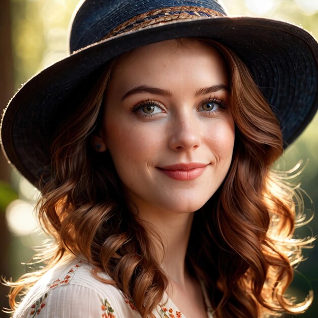 Une femme souriante et sympathique portant un chapeau rétro vintage.