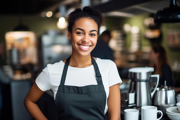 une femme souriante en tablier se tient devant un café.