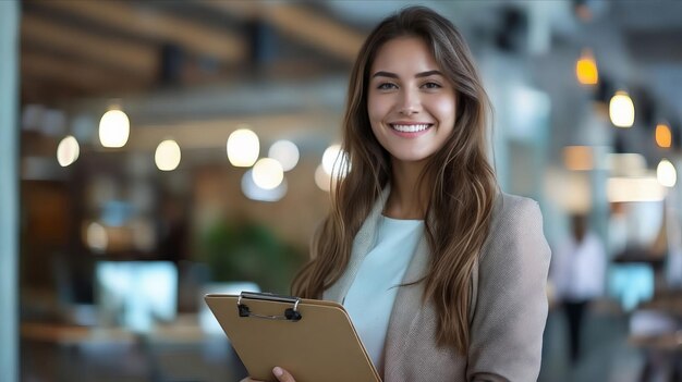 Une femme souriante tenant un bloc-notes