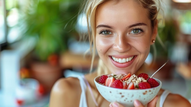 Photo une femme souriante tenant un bol de fraises