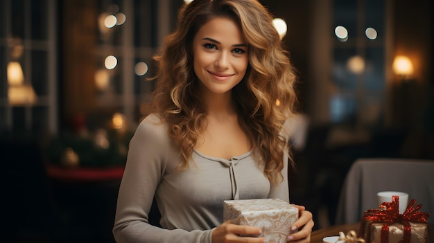 femme souriante tenant un cadeau dans un restaurant avec des lumières en arrière-plan IA générative