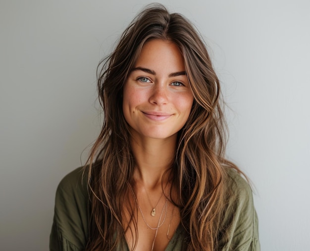 une femme souriante tenant une chemise verte avec des cheveux bruns une femme avec de la peau