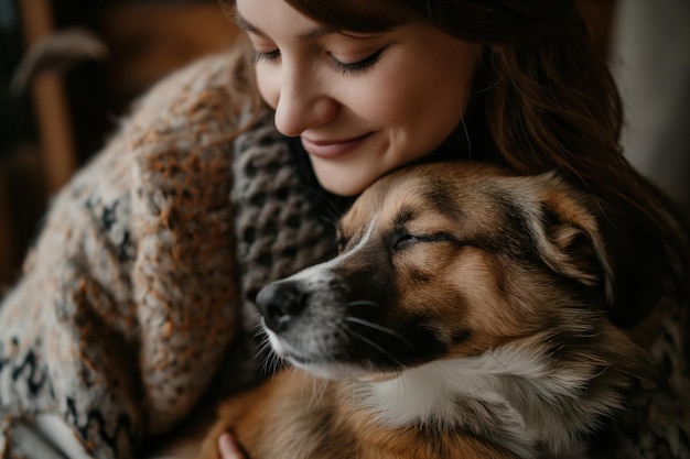 Photo une femme souriante tenant un chien de couleur faune dans ses bras