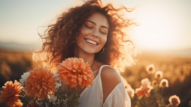 Une femme souriante tenant des fleurs dans un champ