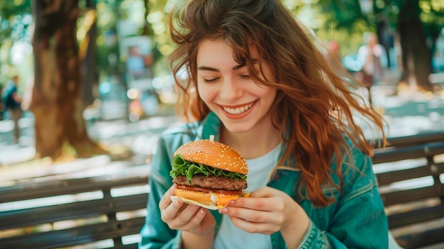 une femme souriante et tenant un hamburger avec un sourire sur son visage