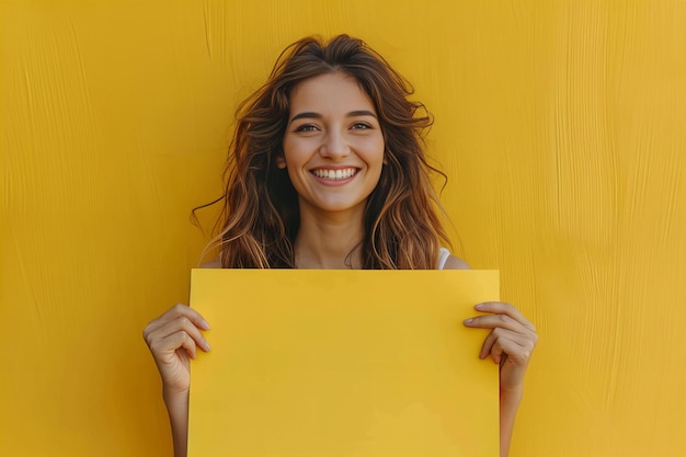 Photo une femme souriante tenant un panneau jaune devant un mur jaune