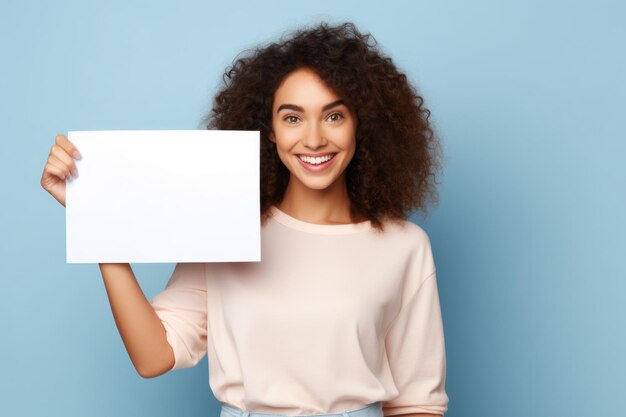 Photo une femme souriante tenant un papier d'affiche blanc dans ses mains sur un fond bleu pastel