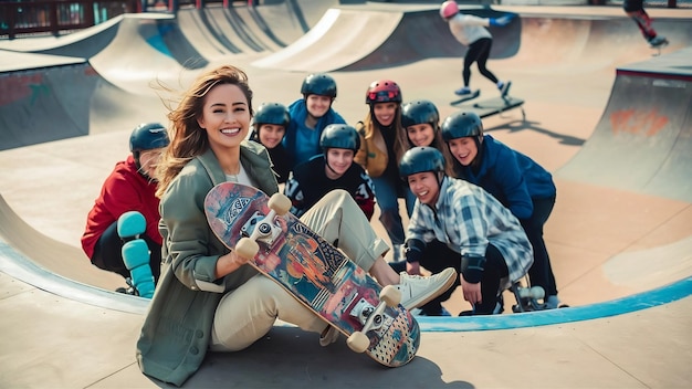 Photo une femme souriante tenant une planche à roulettes assise sur une rampe avec des amis