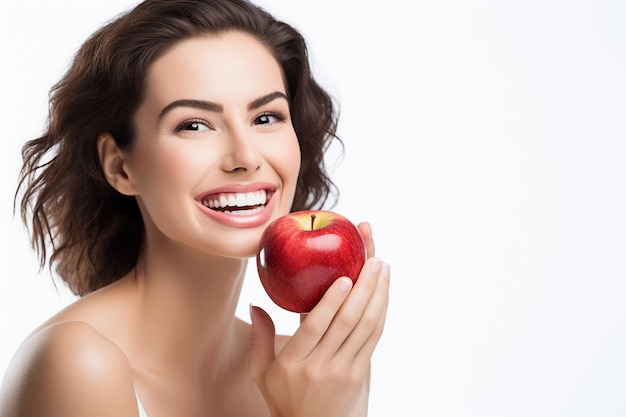 Femme souriante tenant une pomme rouge sur blanc