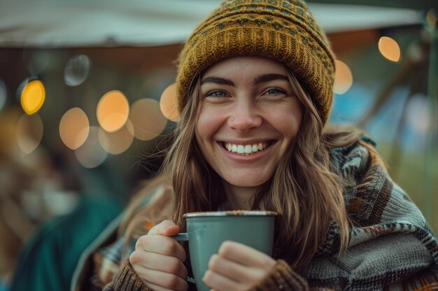 Une femme souriante tenant une tasse de café