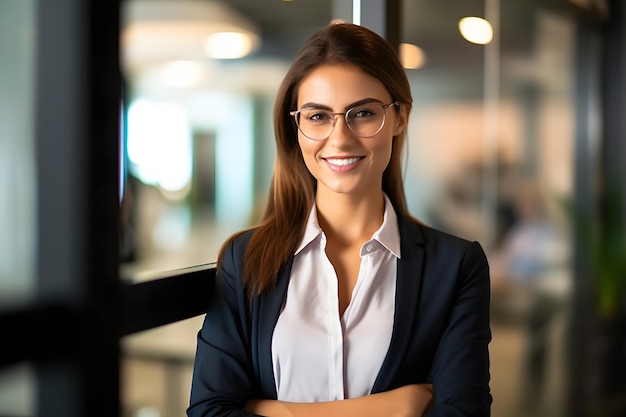 femme souriante en tenue d'affaires debout devant une fenêtre IA générative