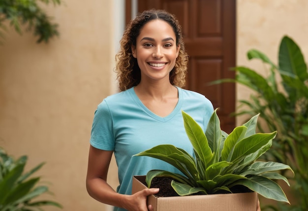 Une femme souriante tient une grande plante d'intérieur verte indiquant un déménagement ou une mise à jour de la décoration de la maison