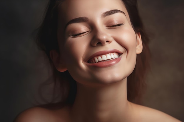 Femme souriante touchant le cou taille portrait d'une femme séduisante touchant sa peau et souriant avec les yeux fermés apparence de femme et concept de soins de la peau