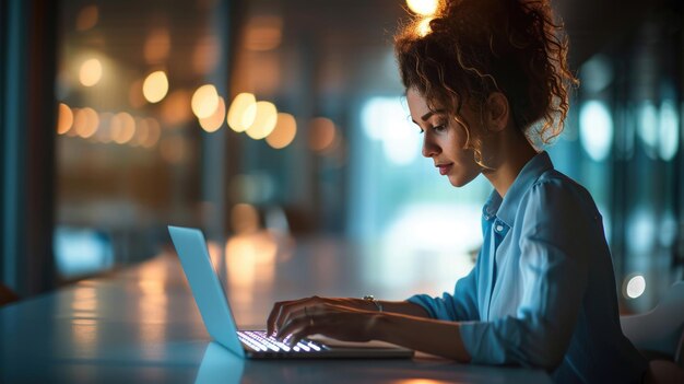 Une femme souriante en travaillant sur un ordinateur portable dans un environnement de bureau lumineux et moderne