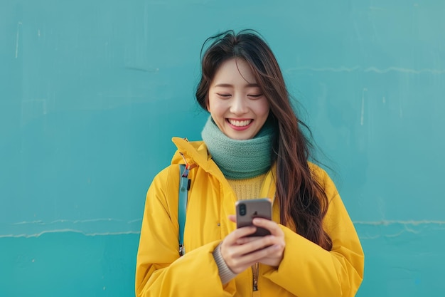 Photo une femme souriante en veste jaune envoie des messages sur son téléphone.