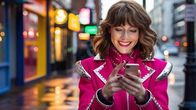 Photo une femme souriante en veste rose envoie un texto.