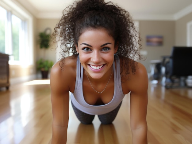 Une femme souriante en vêtements de yoga faisant des pompes.