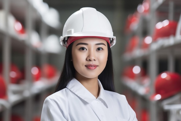 Femme sourire industrie asiatique ingénieur casque travail industriel architecture d'entreprise portrait IA générative