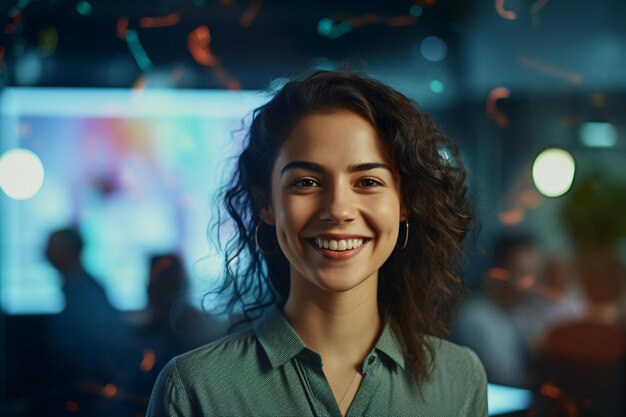 Une femme avec un sourire joyeux portant une chemise verte vibrante