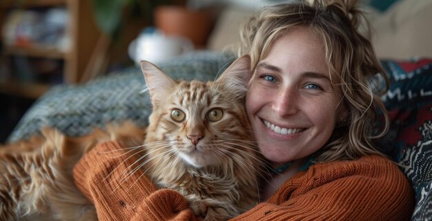 Une femme avec un sourire joyeux avec son chat rouge