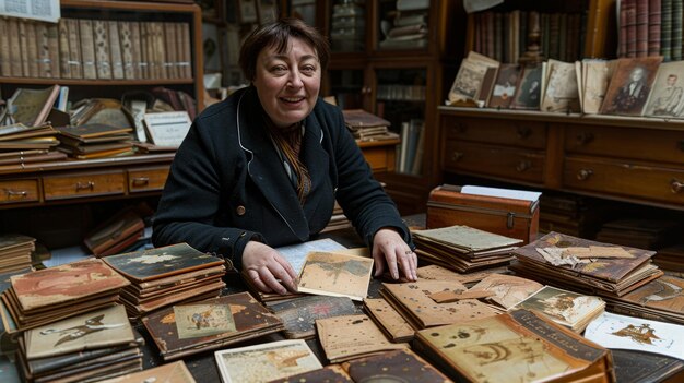 Photo une femme avec un sourire nostalgique et des yeux brumeux qui rappellent des souvenirs chers.