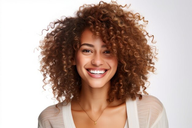 Une femme avec un sourire sur le visage et des cheveux bouclés sourit IA générative